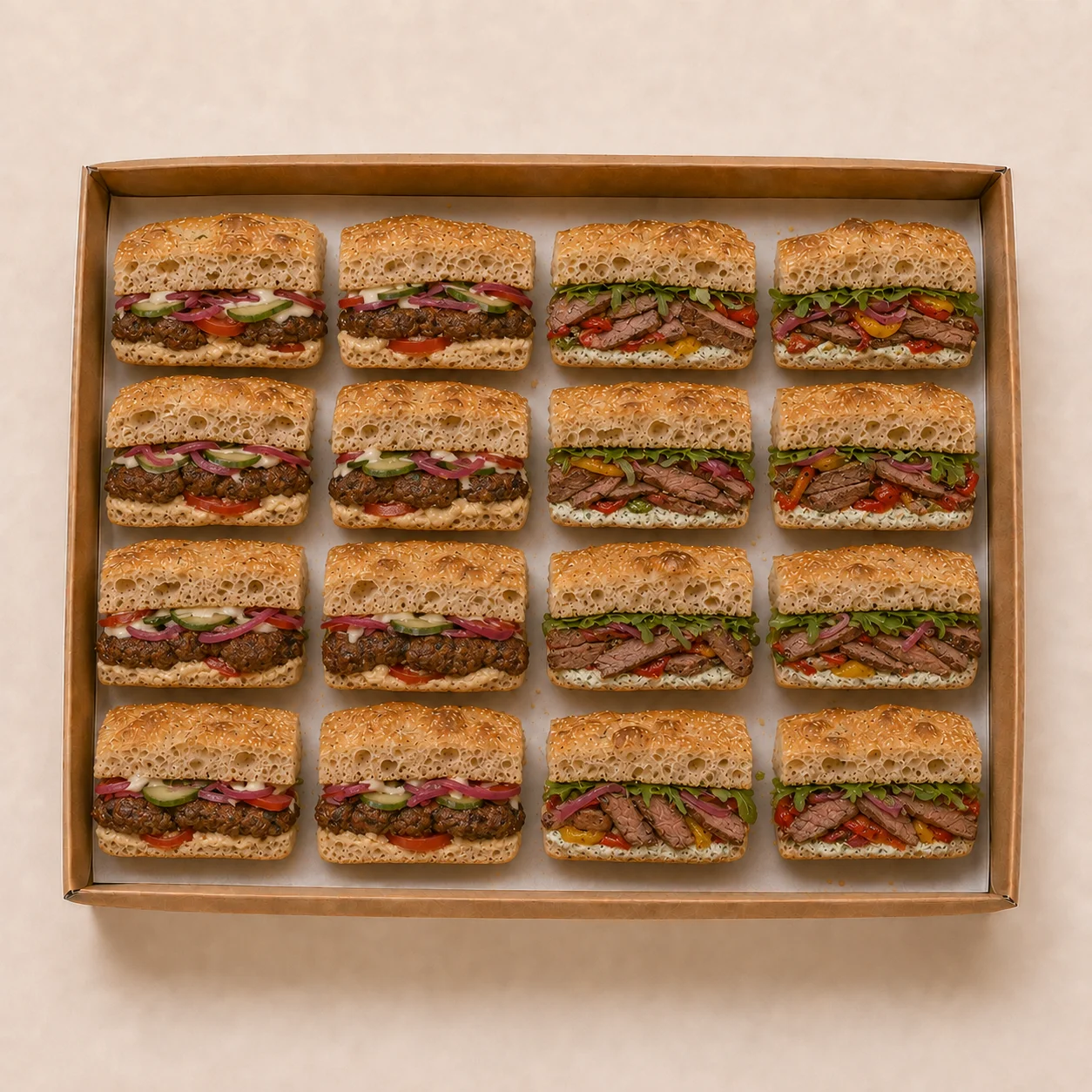 Beef Kofta & Steak Cream Cheese Focaccia Platter — 16 Halves